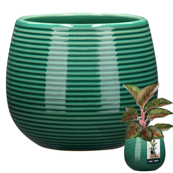 Keramický okrúhly ryhovaný kvetináč 12 cm - Farba tyrkysová
