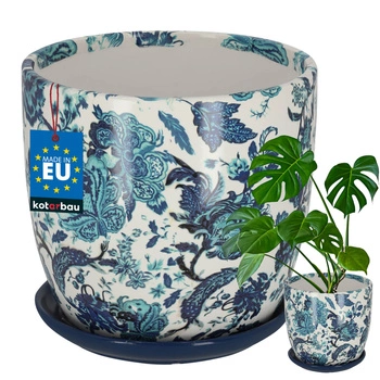 Kvetináč keramický s podmiskou modré kvety biely 20x19,5 cm