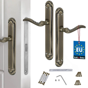 Dverová kľučka dlhá štítka zdobená patina bez otvoru