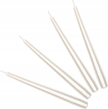 Sada 4 kužeľových svietnikov s bielymi perleťovými stolovými sviečkami