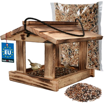 Kŕmidlo pre vtáky drevené opálené + krmivo 0,5 kg