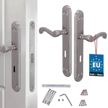 Kľučka dverí s retro dekorom dlhý hriadeľ satén s kľúčom 72 mm