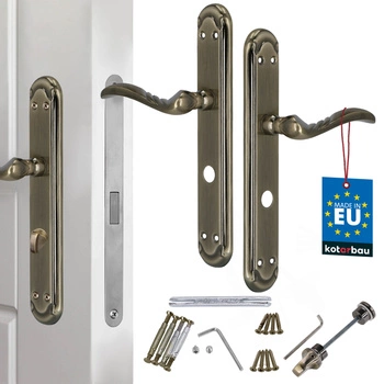 Dverová kľučka dlhá štítka zdobená patina zámok wc 72 mm