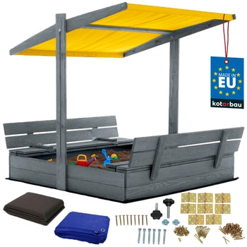 Drevené pieskovisko so strieškou lavičkami uzamykateľné veľké sivé 120 cm