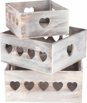Sada 3x drevený kontajner so srdiečkami