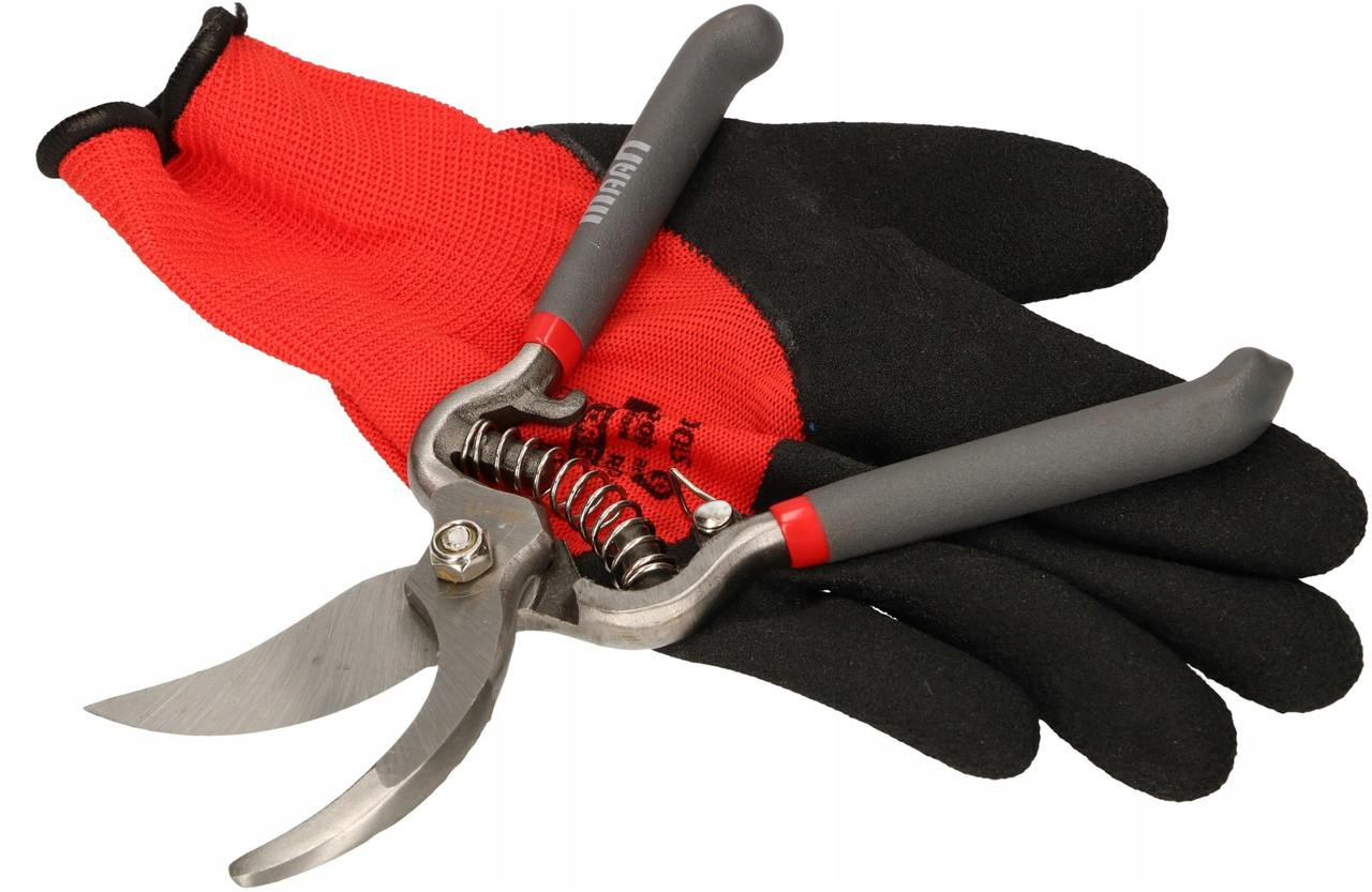 Oceľové nožnice s drevenou rukoväťou 22 cm na konáre sada s rukavicami