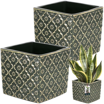 Keramický kvetináč vintage na kvety rastliny 13x13 cm sada 2 ks - Farba tmavozelená