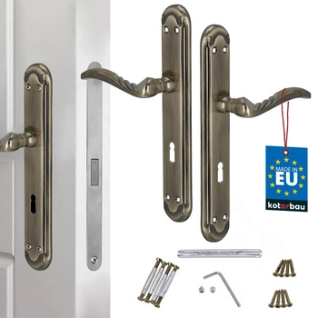 Dverová kľučka dlhá štítka zdobená patina na kľúč 72 mm