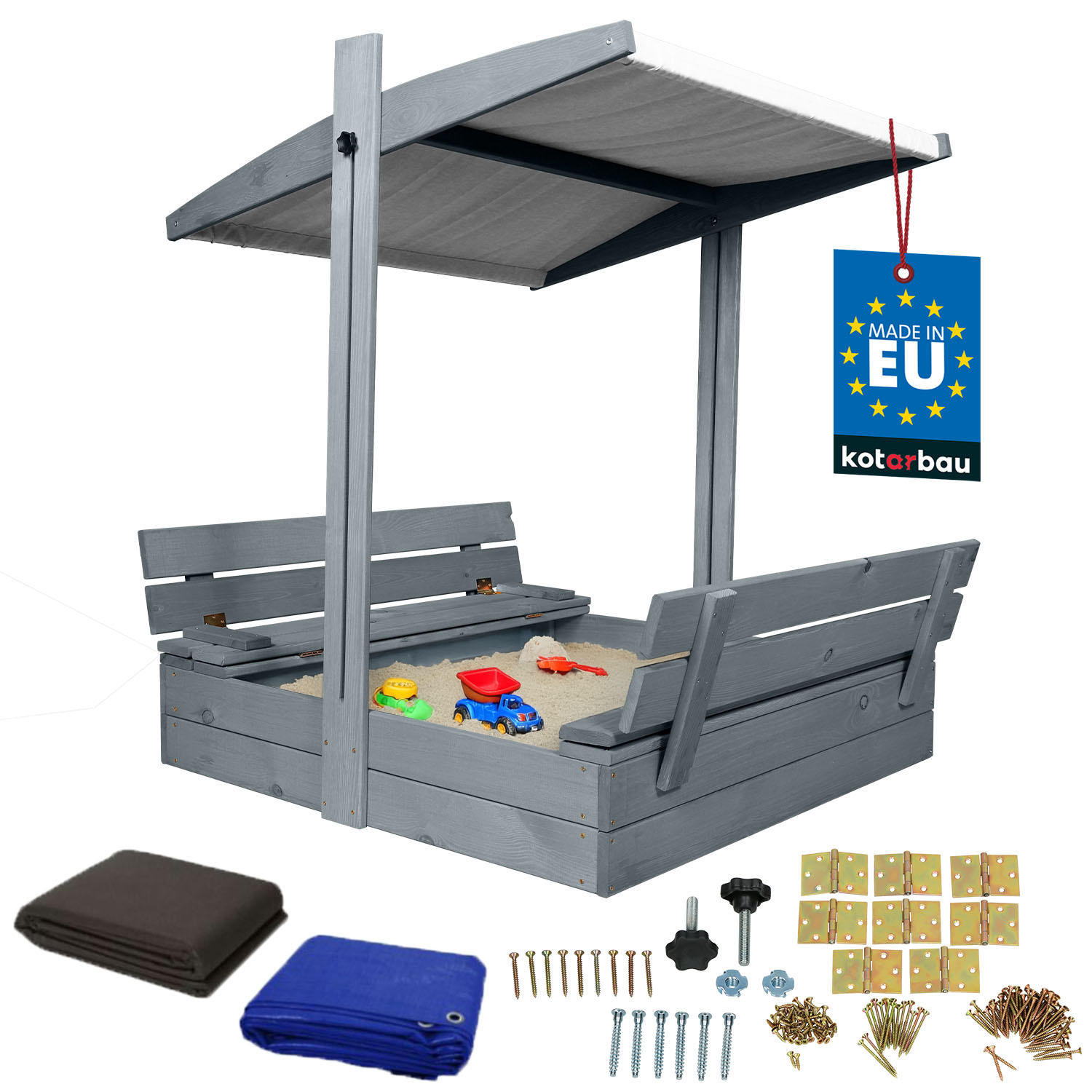 Drevené pieskovisko so strieškou lavičkami uzamykateľné veľké sivé 100 cm