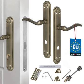 Dverová kľučka dlhá štítka zdobená patina zámok wc 90 mm