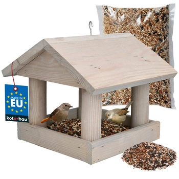 Kŕmidlo pre vtáky drevené sivé + krmivo 0,5 kg