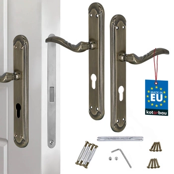 Dverová kľučka dlhá štítka zdobená patina na vložku 72 mm